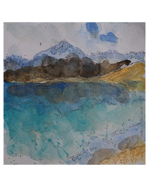 echtes Aquarell Gemaelde mini klein Berge Alpen Urlaub Berg blau tuerkis weiss