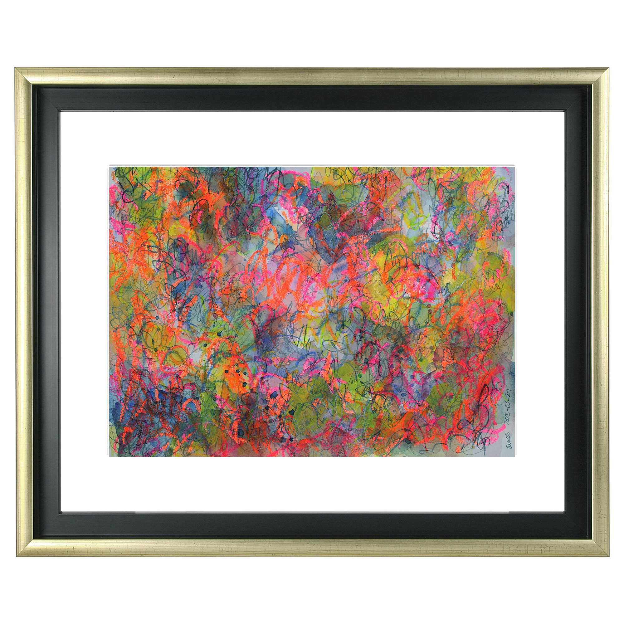 Nahaufnahme echtes Aquarell Gemälde Bild gelb pink orange blau lila guenstig abstrakt Art