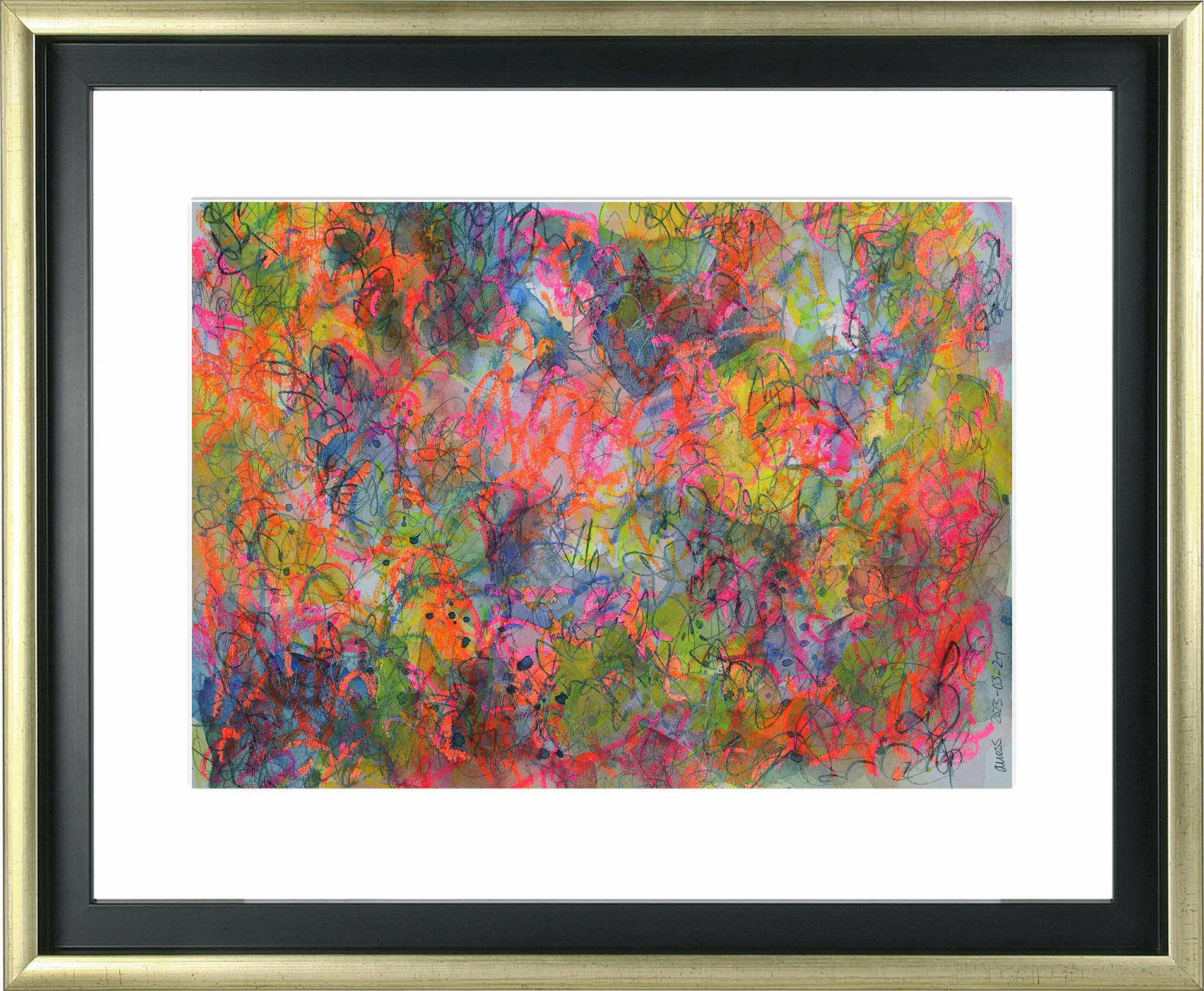 Nahaufnahme echtes Aquarell Gemälde Bild gelb pink orange blau lila guenstig abstrakt Art