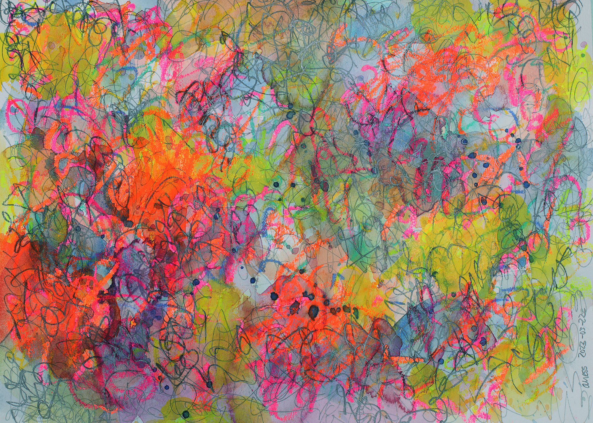 echtes Aquarell Gemälde Bild gelb pink orange gruen tuerkis abstrakt Striche