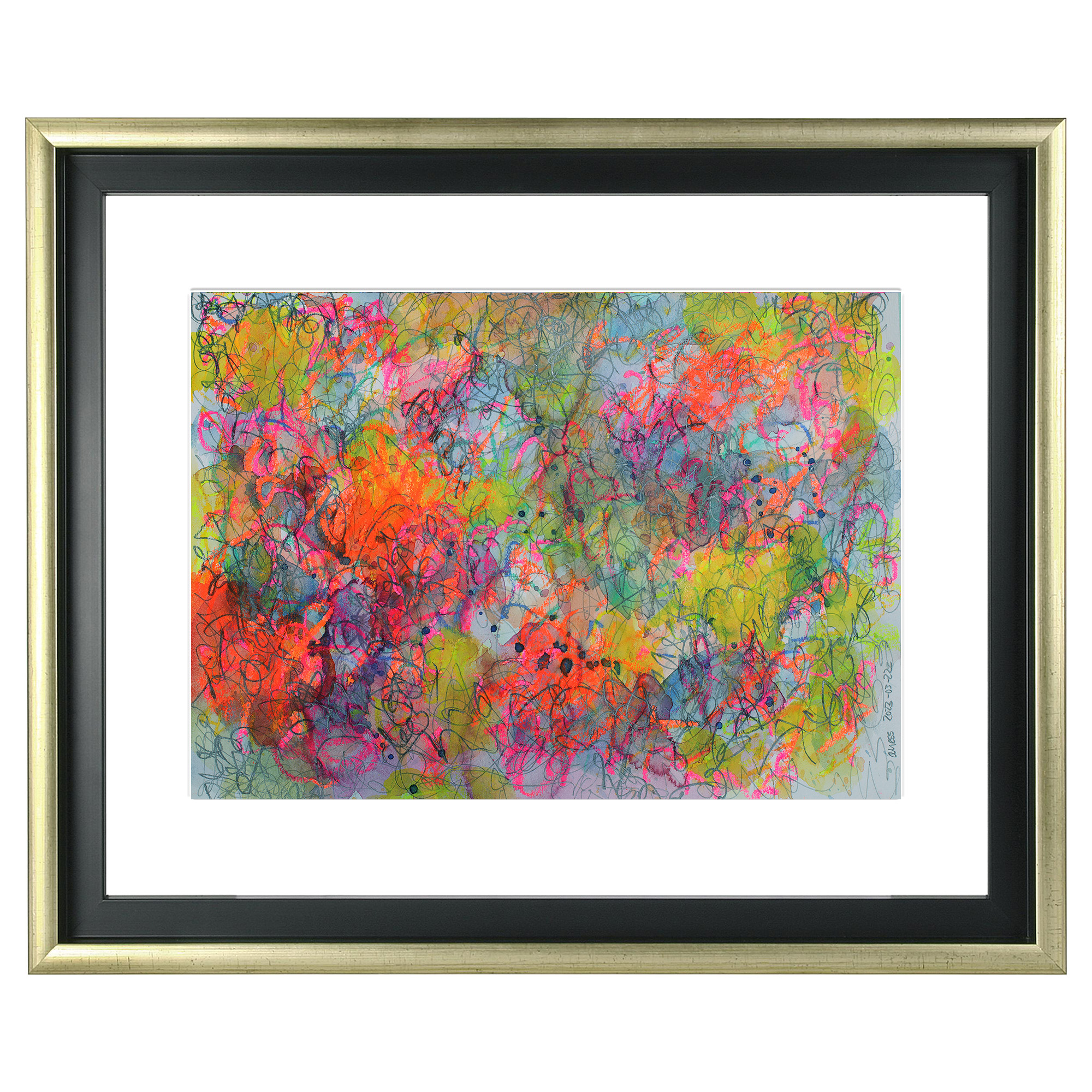 Nahaufnahme echtes Aquarell Gemälde Bild gelb pink orange gruen tuerkis abstrakt Striche