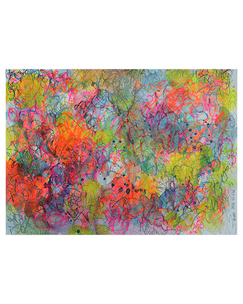 echtes Aquarell Gemaelde Bild gelb pink orange gruen tuerkis abstrakt Striche