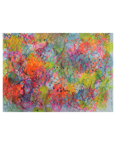echtes Aquarell Gemälde Bild gelb pink orange gruen tuerkis abstrakt Striche