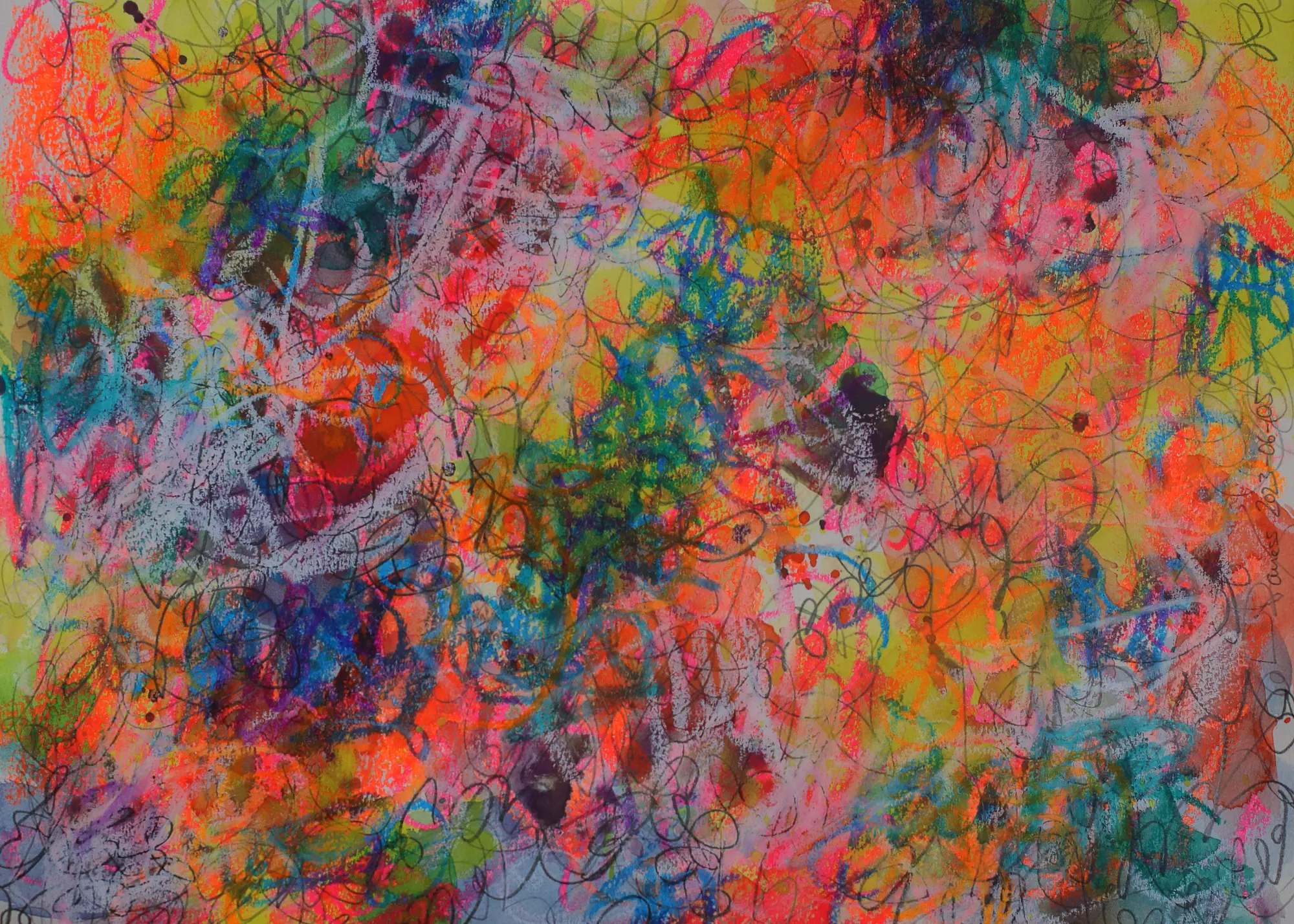 Aquarell Gemälde neon pink gelb orange weiss Linien Striche Krickelkrakel Art