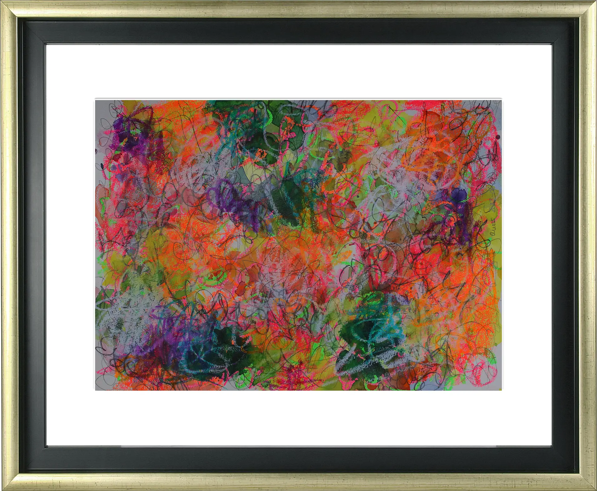 Nahaufnahme Aquarell Gemälde neon pink gelb orange weiss Linien Striche Krickelkrakel Art