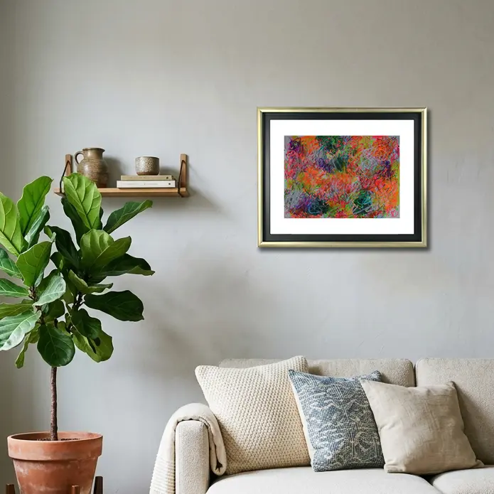 Wandbild für modernes Wohndesign Aquarell Gemälde neon pink gelb orange weiss Linien Striche Krickelkrakel Art