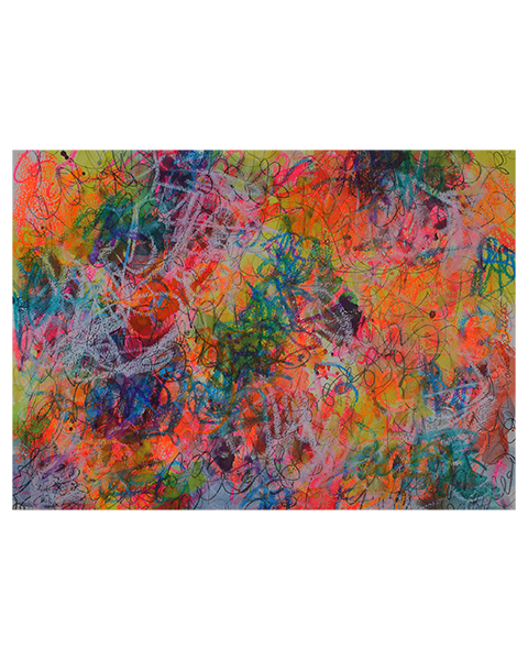 Aquarell Gemaelde neon pink gelb orange weiss Linien Striche Krickelkrakel Art