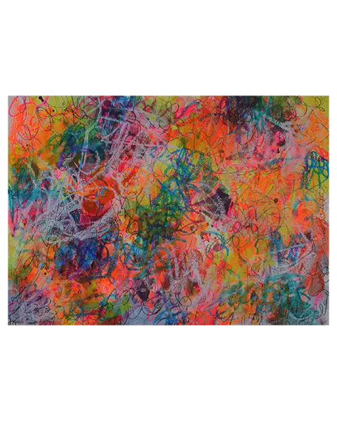 Aquarell Gemälde neon pink gelb orange weiss Linien Striche Krickelkrakel Art