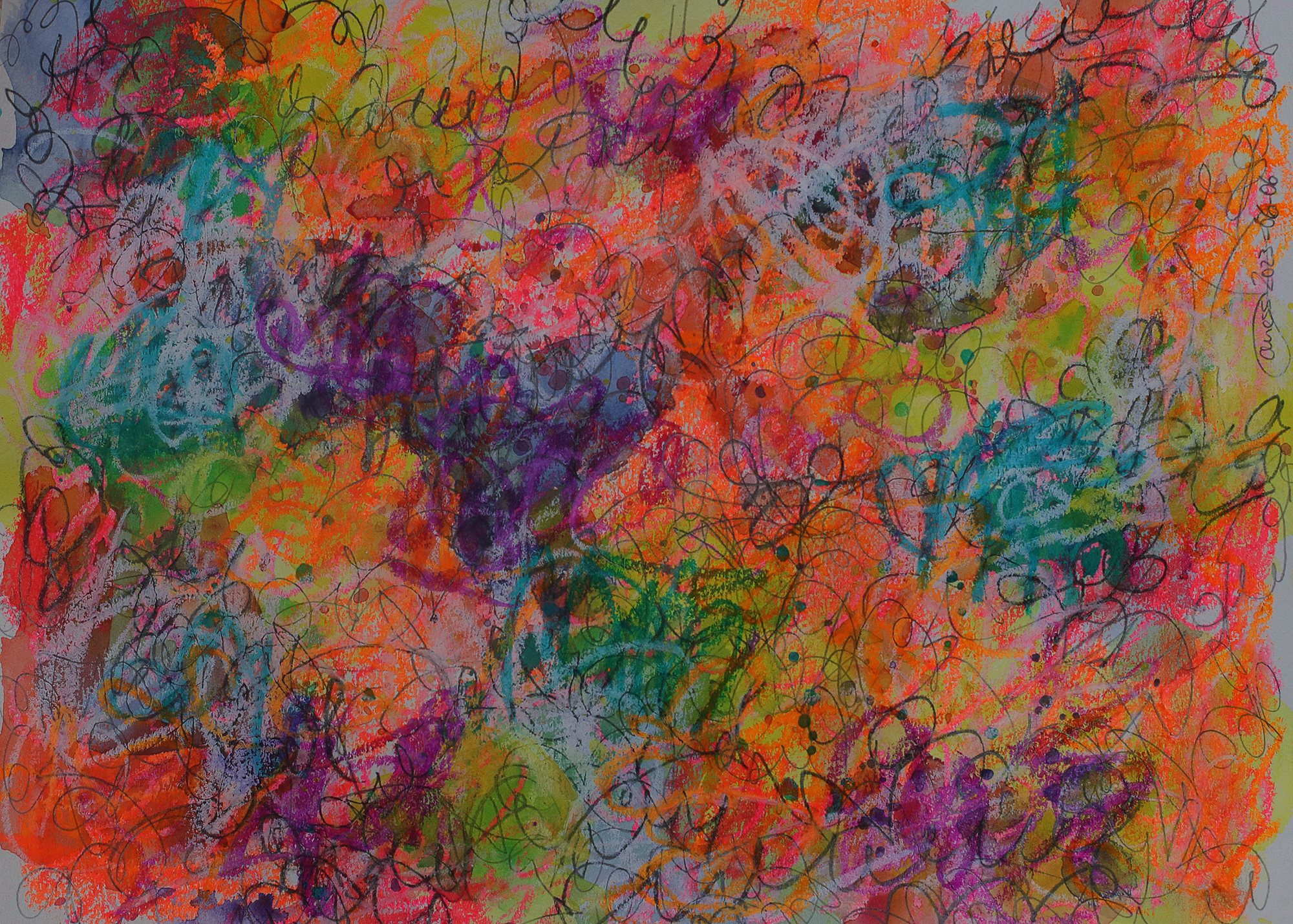 Aquarell Gemälde neon pink gelb orange weiss Linien Kringel Krickelkrakel Art XS