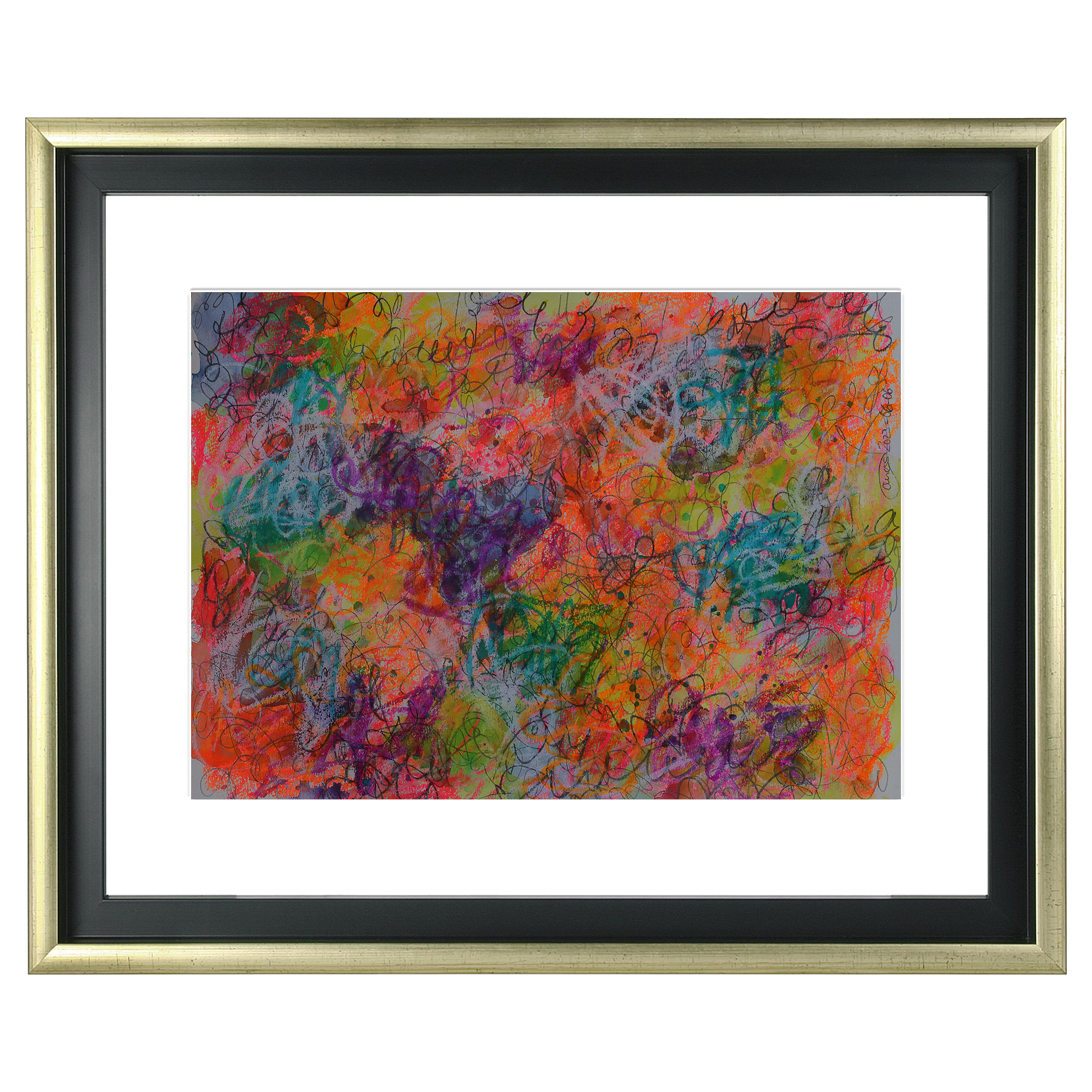 Nahaufnahme Aquarell Gemälde neon pink gelb orange weiss Linien Kringel Krickelkrakel Art XS