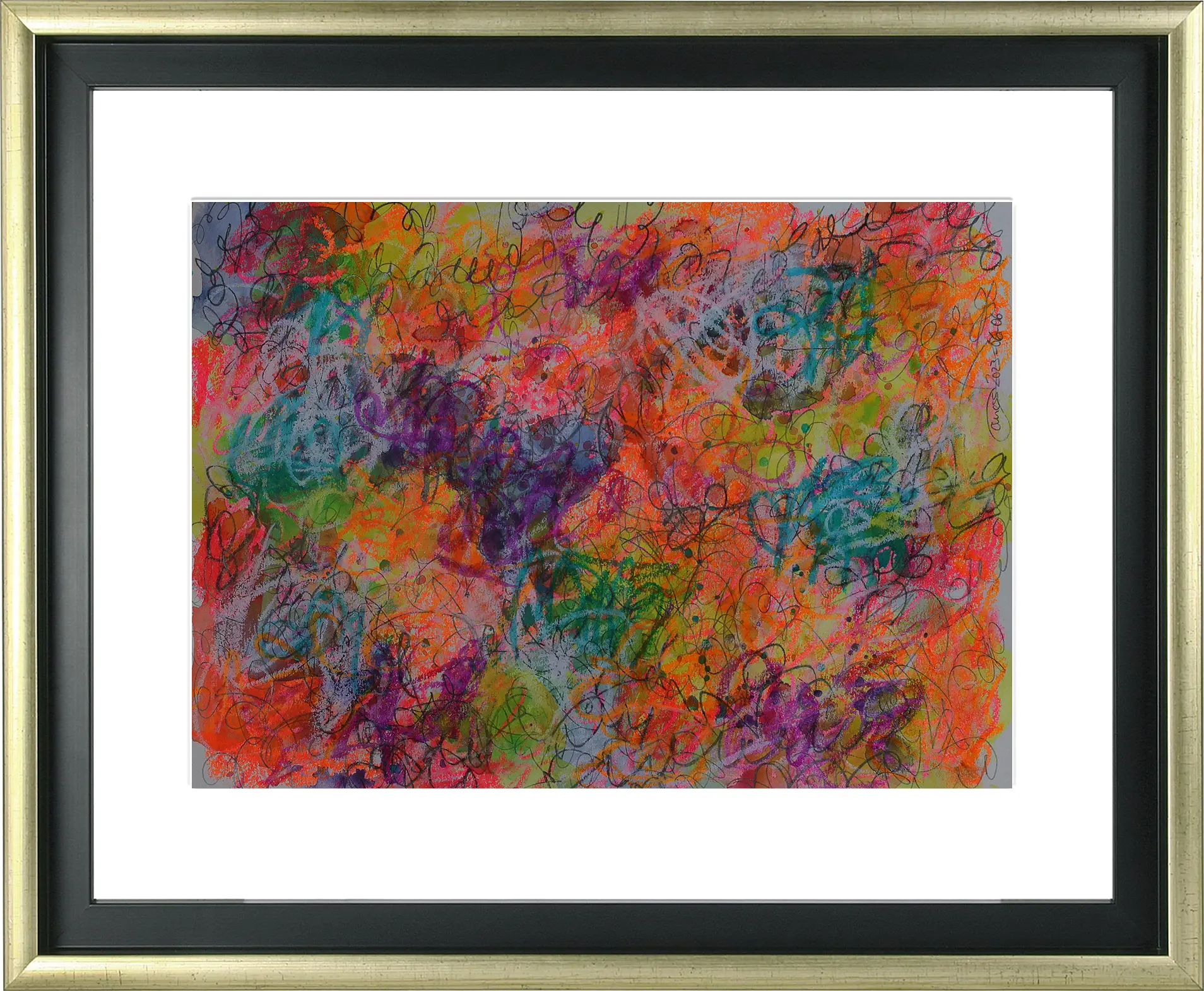 Nahaufnahme Aquarell Gemälde neon pink gelb orange weiss Linien Kringel Krickelkrakel Art XS