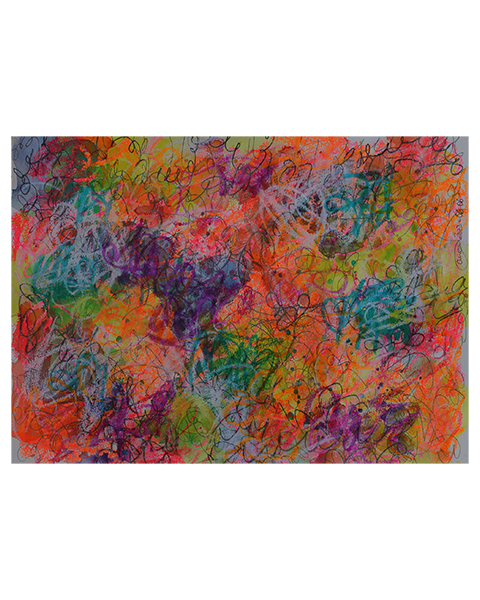 Aquarell Gemaelde neon pink gelb orange weiss Linien Kringel Krickelkrakel Art XS
