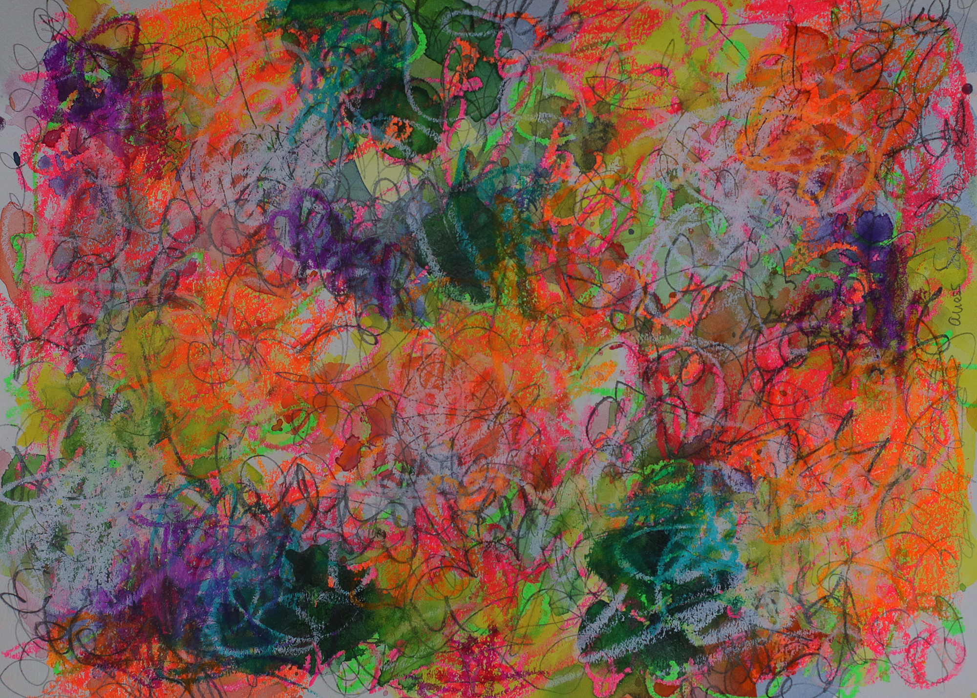 Aquarell Gemälde neon pink gelb orange weiss Striche Kringel Krickelkrakel Art