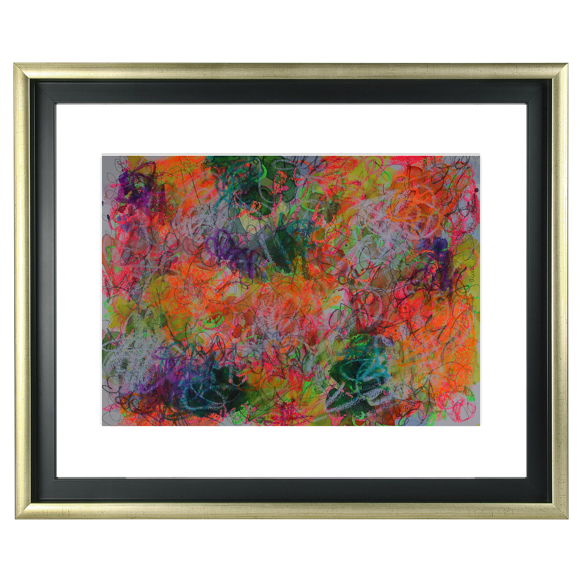 Nahaufnahme Aquarell Gemälde neon pink gelb orange weiss Striche Kringel Krickelkrakel Art