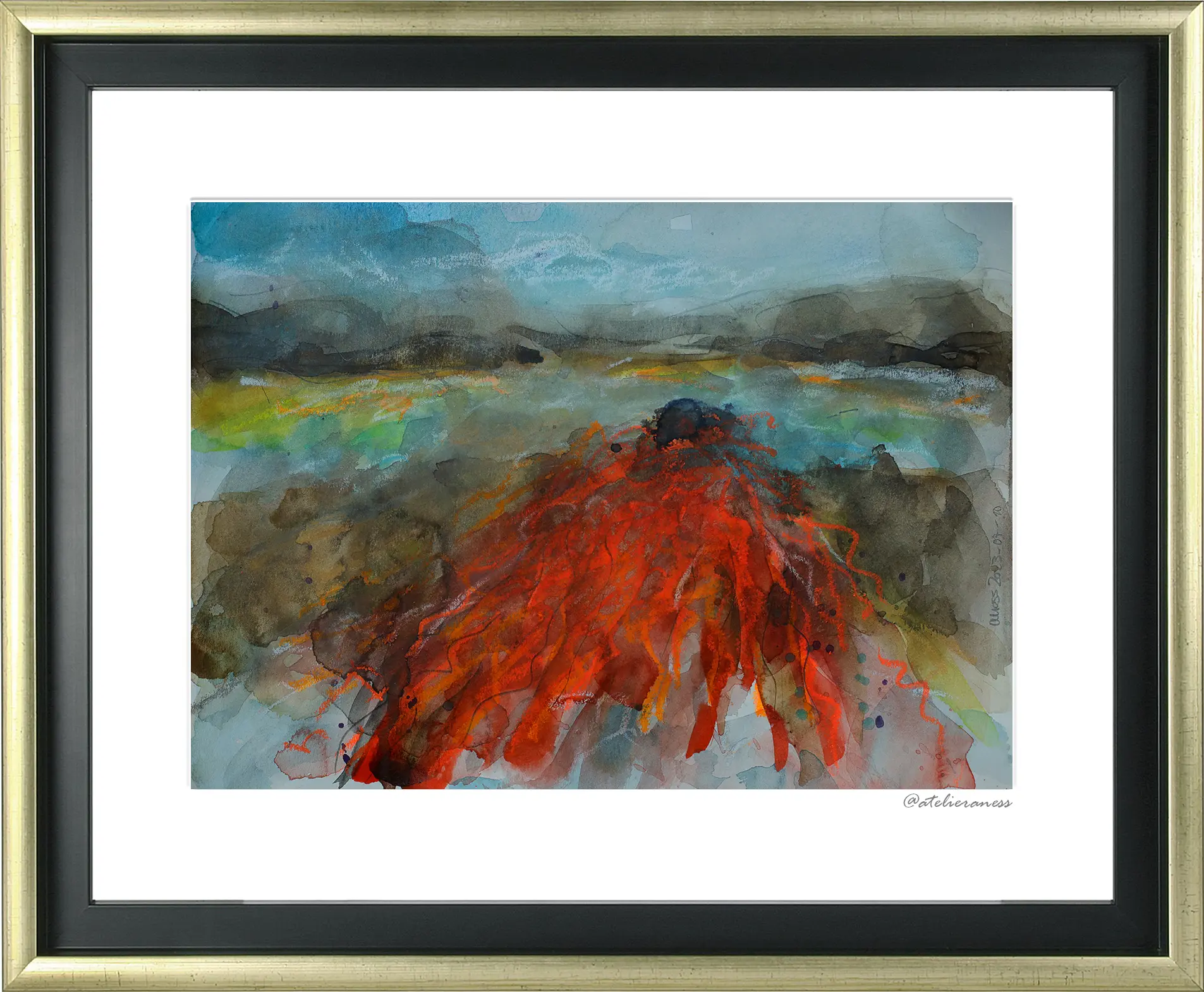 Nahaufnahme echtes Aquarell Gemälde Bild XS klein Art Vulkan Landschaft rot hell blau braun