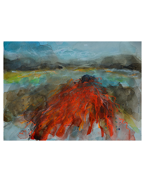 echtes Aquarell Gemaelde Bild XS klein Art Vulkan Landschaft rot hell blau braun