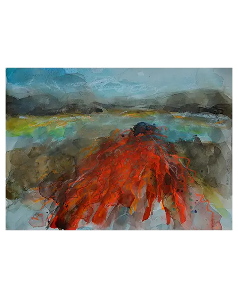 echtes Aquarell Gemälde Bild XS klein Art Vulkan Landschaft rot hell blau braun