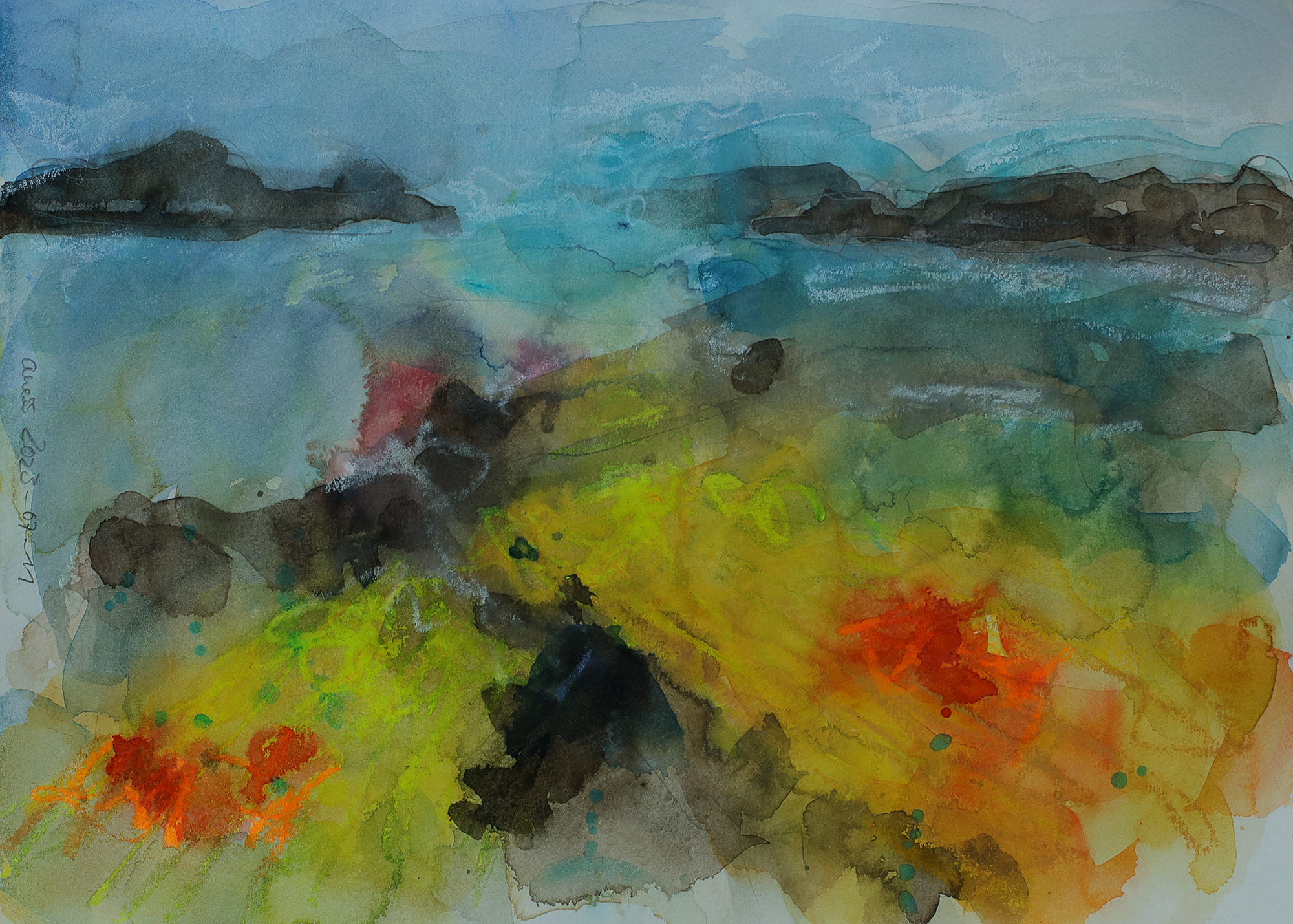 echtes Aquarell Gemälde Bild XS mini Vulkan Landschaft gelb hell blau braun