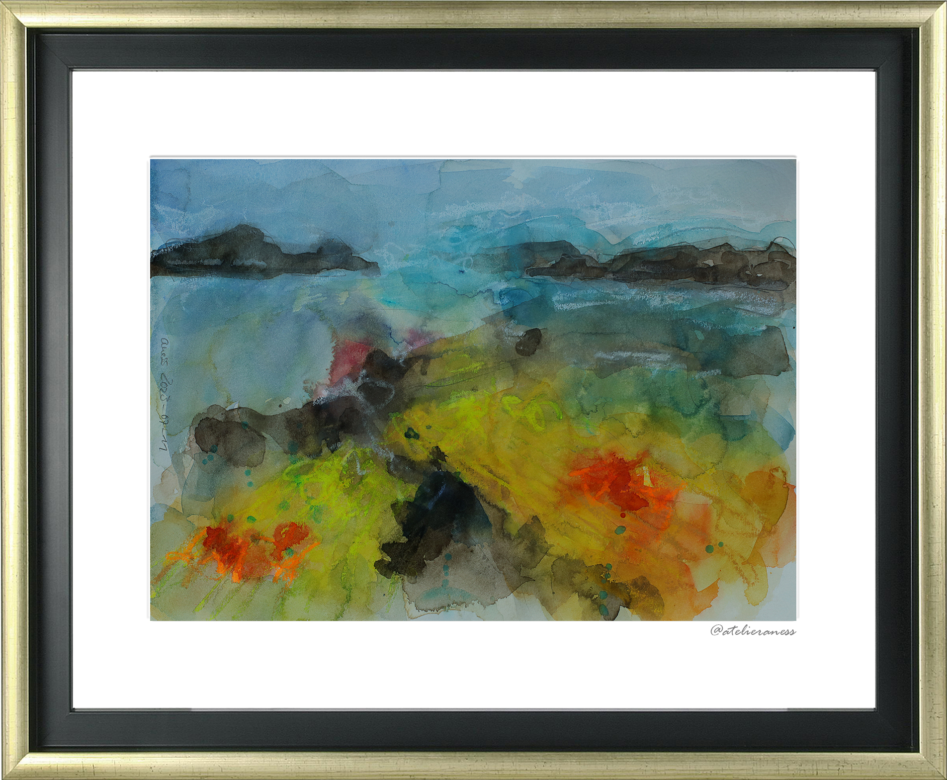 Nahaufnahme echtes Aquarell Gemälde Bild XS mini Vulkan Landschaft gelb hell blau braun