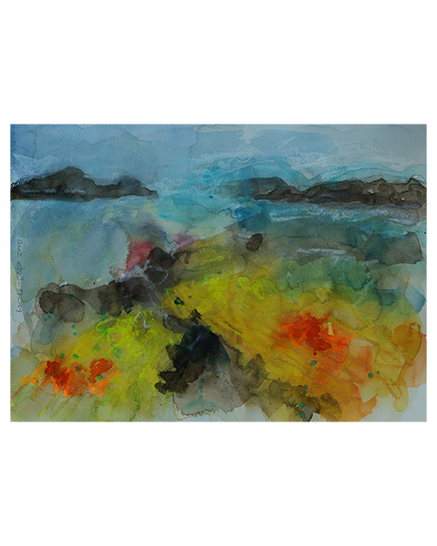 echtes Aquarell Gemaelde Bild XS mini Vulkan Landschaft gelb hell blau braun