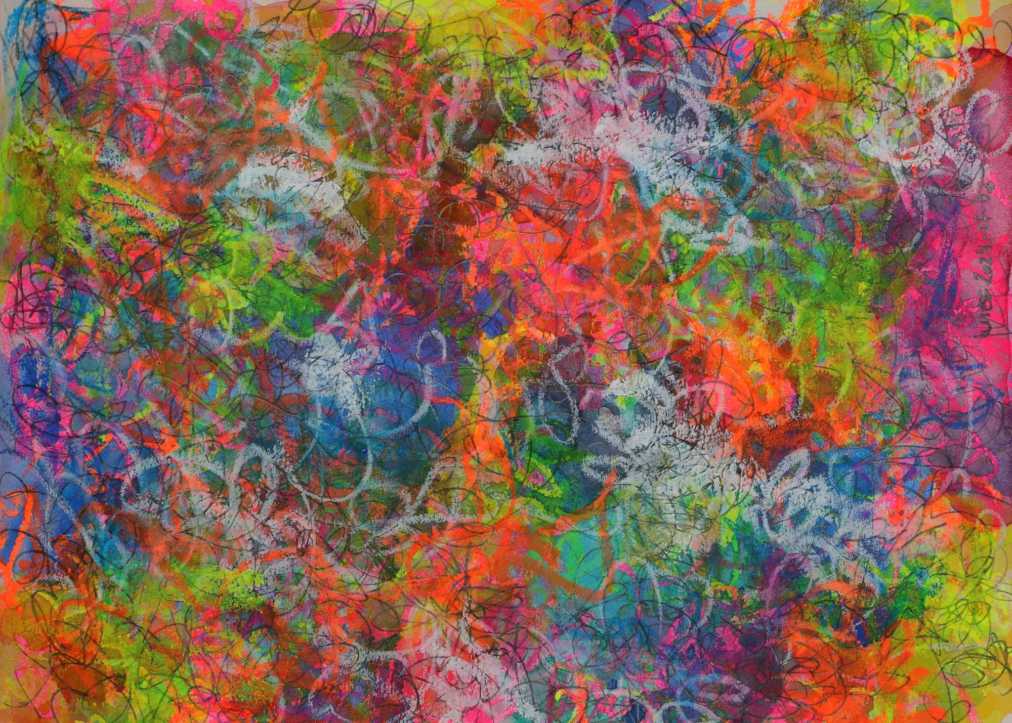 Aquarell neon gelb pink orange gruen blau Linien Striche Kringel Krickelkrakel