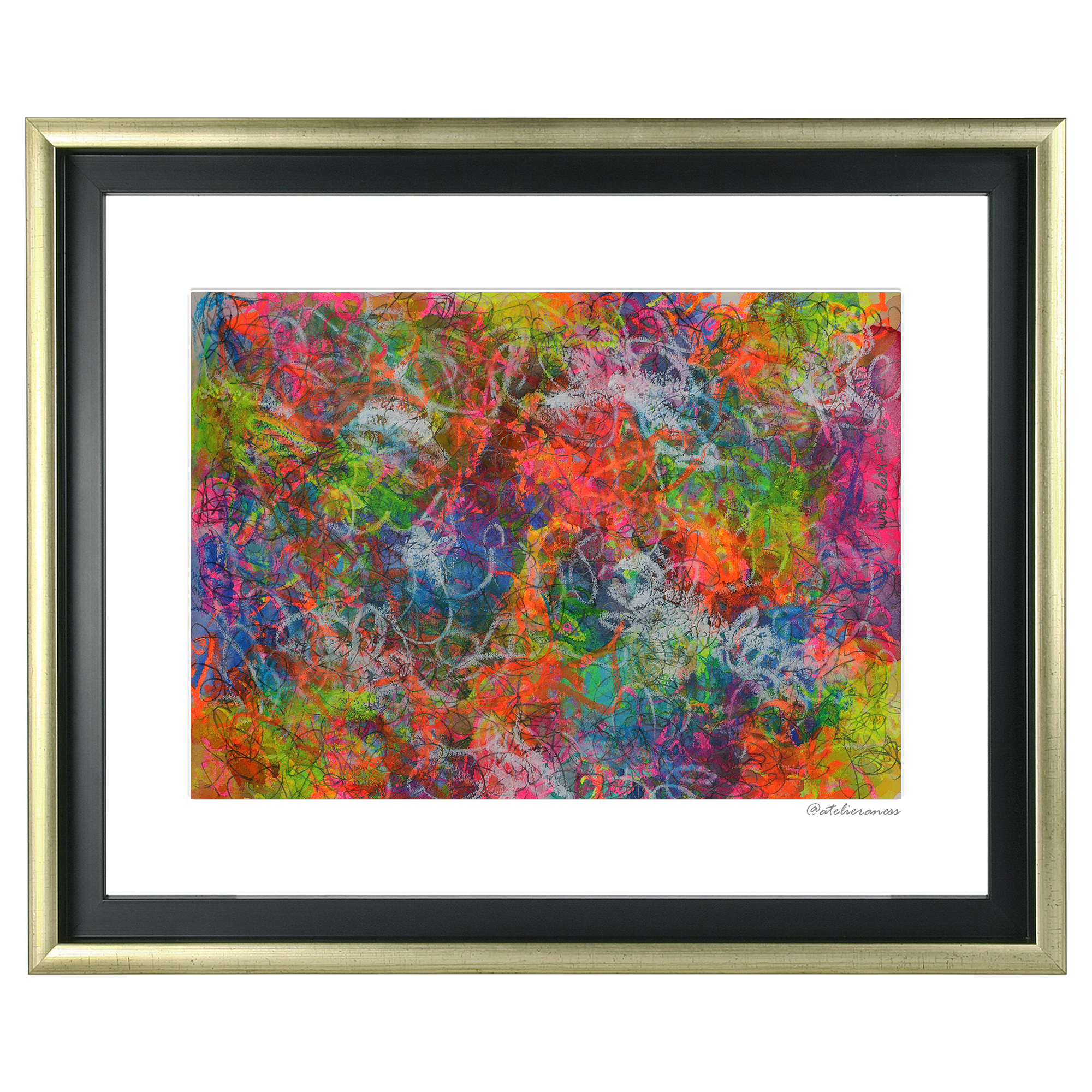 Nahaufnahme Aquarell neon gelb pink orange gruen blau Linien Striche Kringel Krickelkrakel